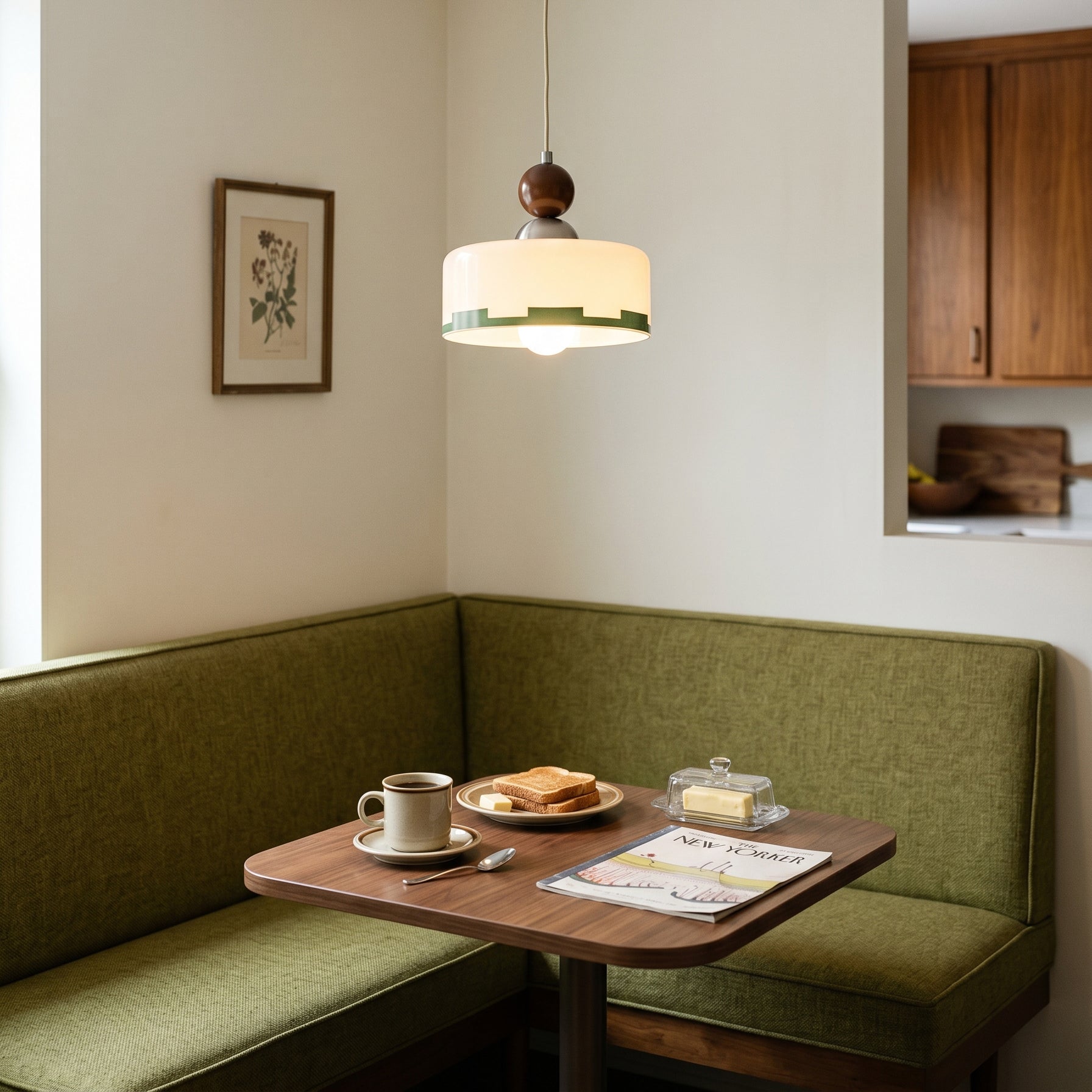 Närbild av pendellampa med glasskärm, trädetaljer och beige lampskärm