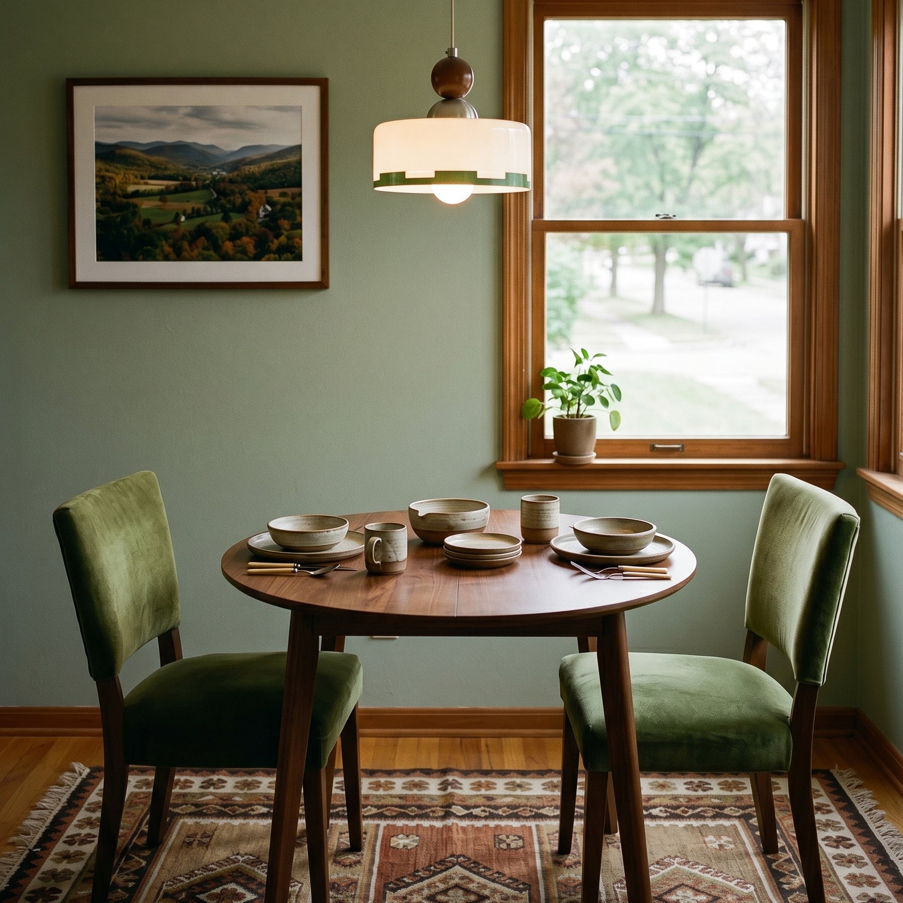 Pendellampa med varm design i glas, trä och textilskärm