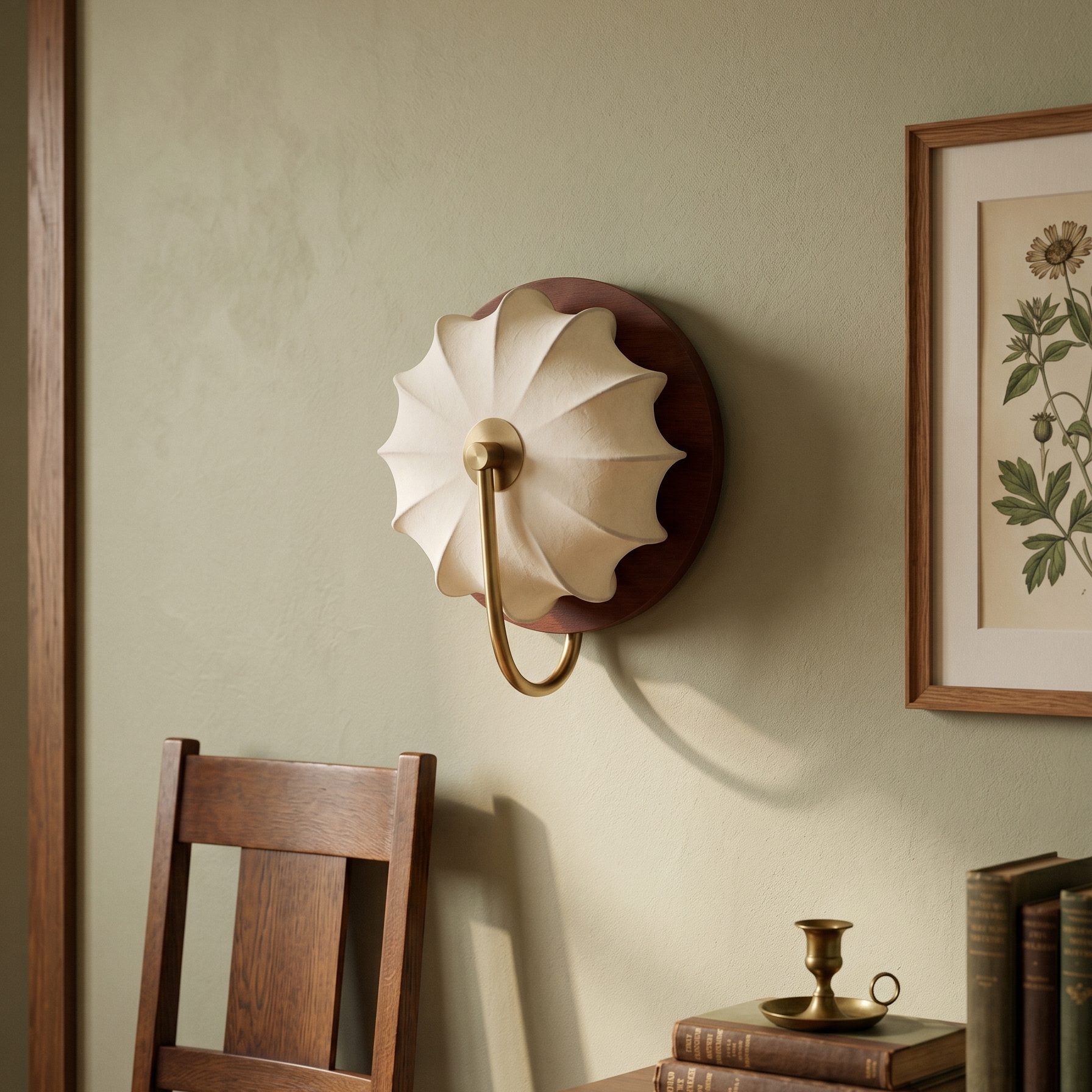 Vägglampa med mjukt ljus och trädetaljer i modern inredning