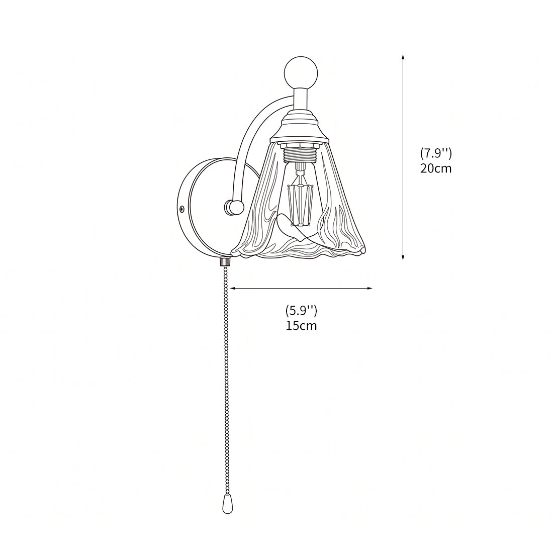 Vägglampa i glas och trä sedd framifrån med dragströmbrytare