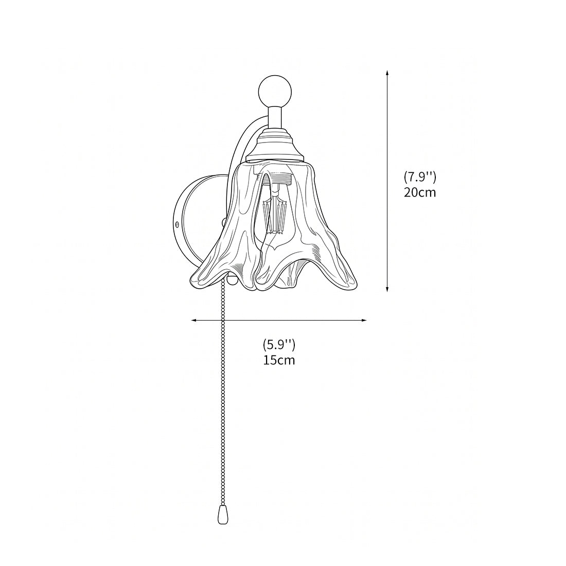 Sned vy av vägglampa med rund glasskärm och träfäste