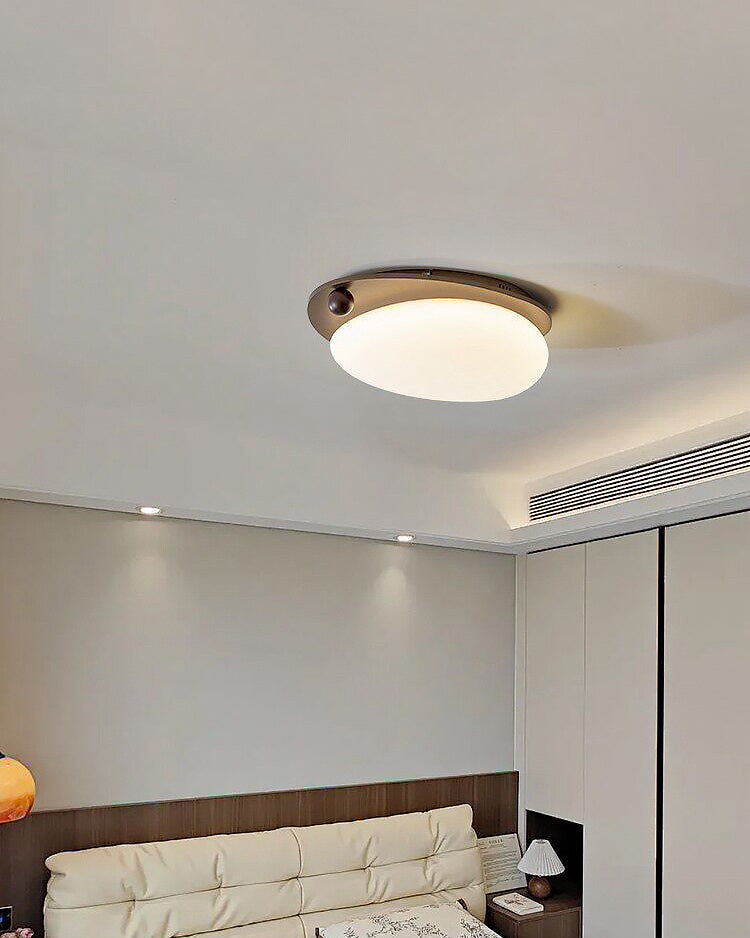 Detaljbild av modern plafondlampa med träfinish och metall