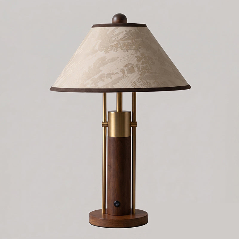 Bordslampa I Trä Och Tyg Med Skärm