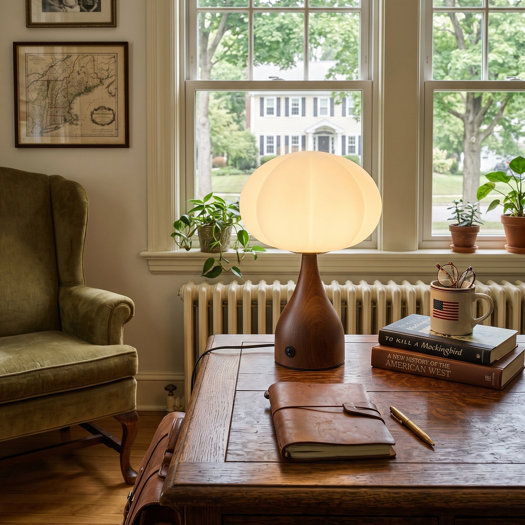 Sned vinkel av bordslampa med räfflat glas och mörk trälook