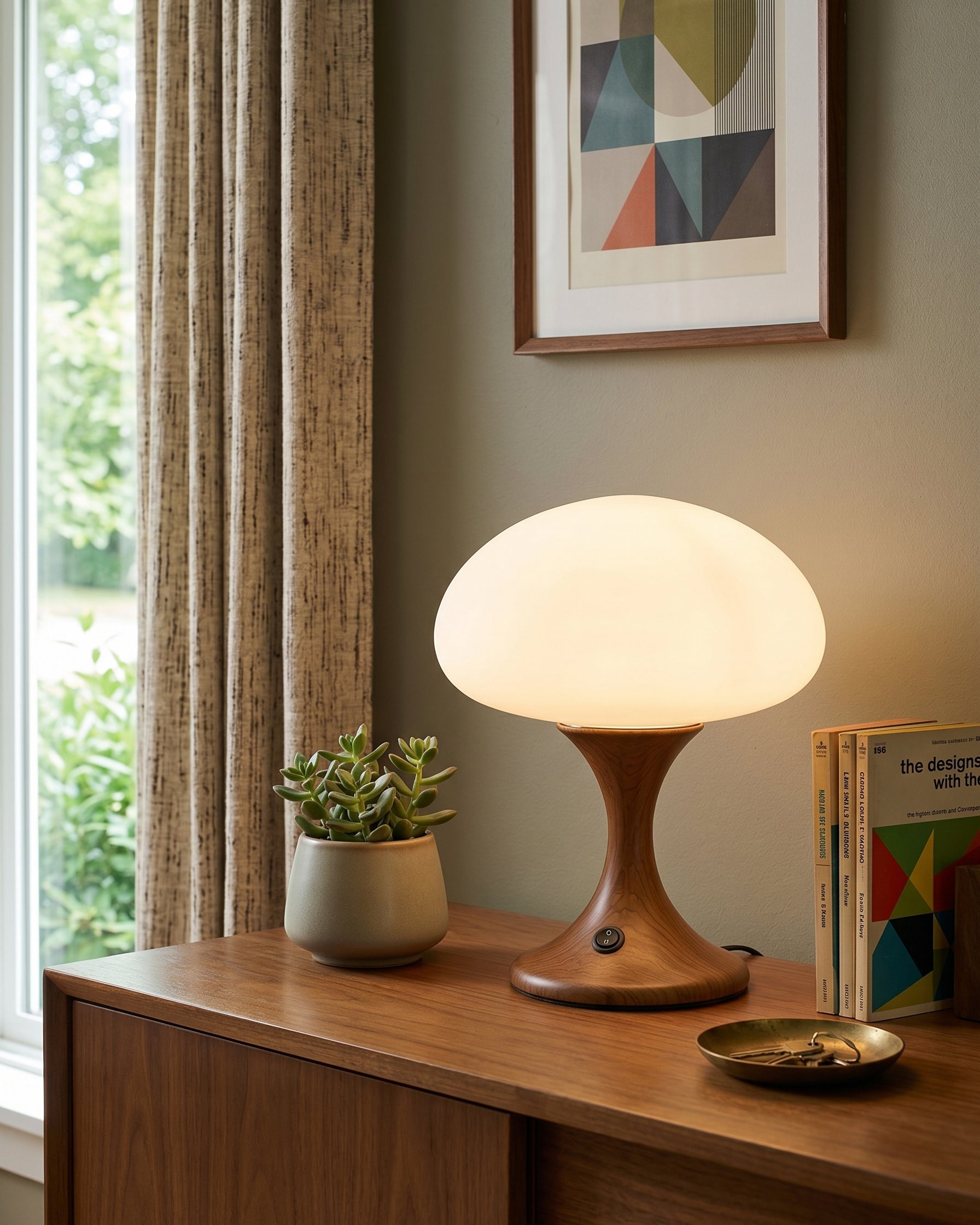 Stilren bordslampa med svampliknande design för stämningsbelysning