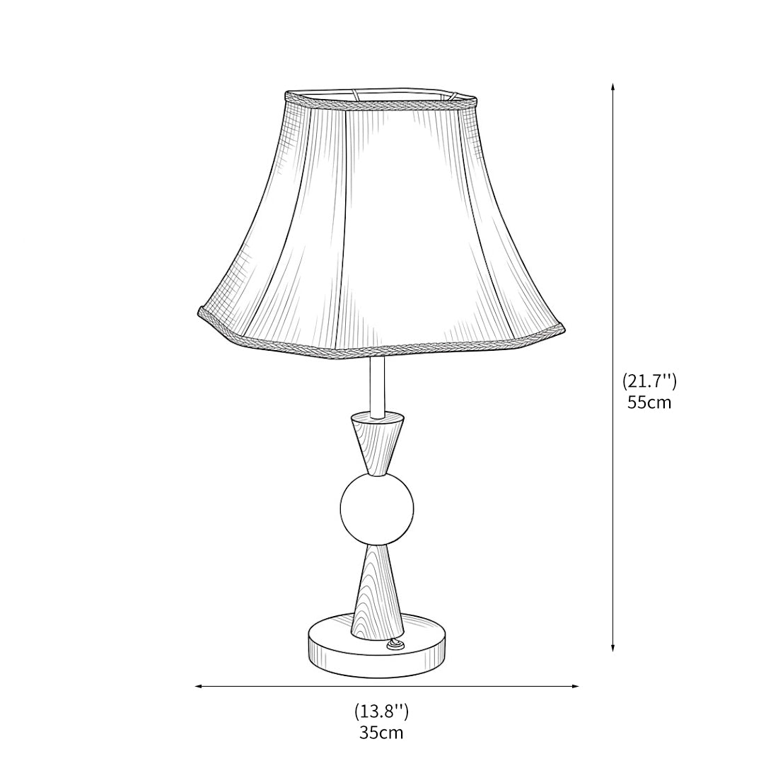 Närbild på lampfot i trä och tygskärmens struktur