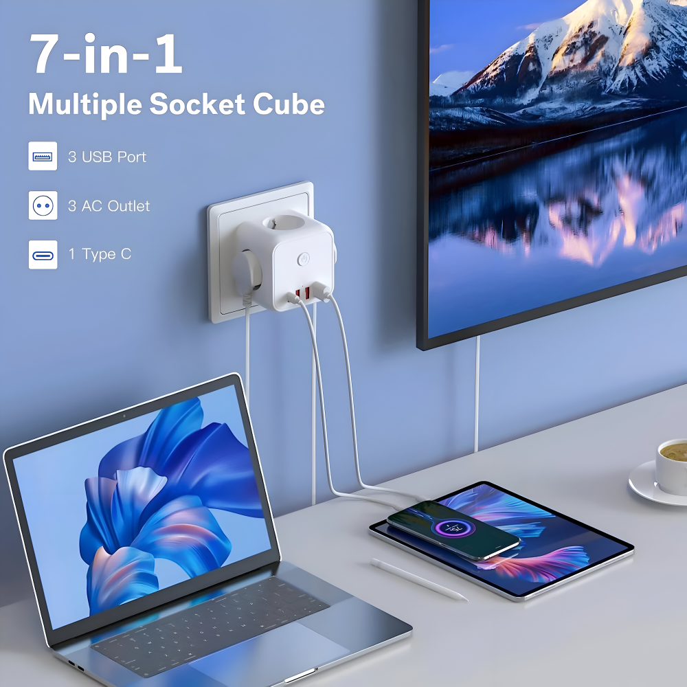 Multifunktionell 7-i-1 grenuttag med överspänningsskydd – 3 AC-uttag, 3 USB-portar och 1 Type-C-laddhub för skrivbordsanvändning med överbelastningsskydd