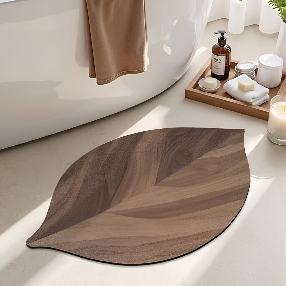 Badrumsmatta i Naturfärgat Lövverk - Vattenabsorberande och halkfri för duschar och handfat, oval, 2100 g/m²