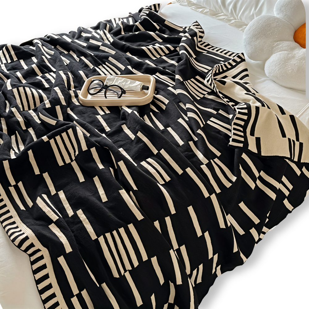 Neutral Dash Plaid - Svart Beige Akryl Fleecefilt - Stickad Sängöverkast