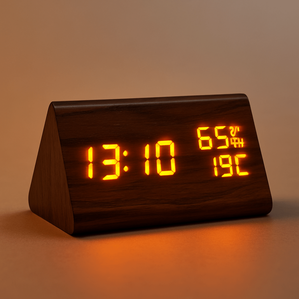 Närbild av digital display med tid och temperatur