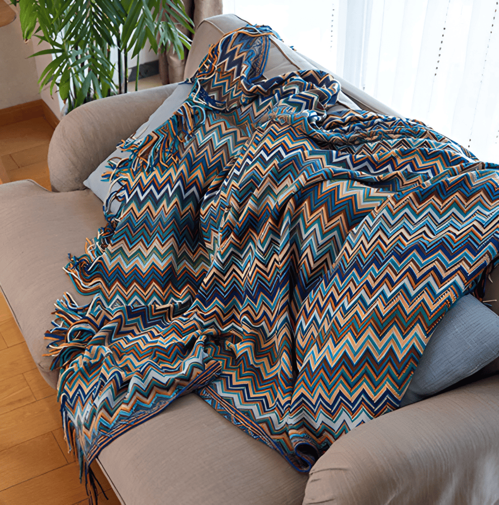 AcrylZag Plaid - Lätt Handstickad Boho-fleecefilt med Tofsdesign