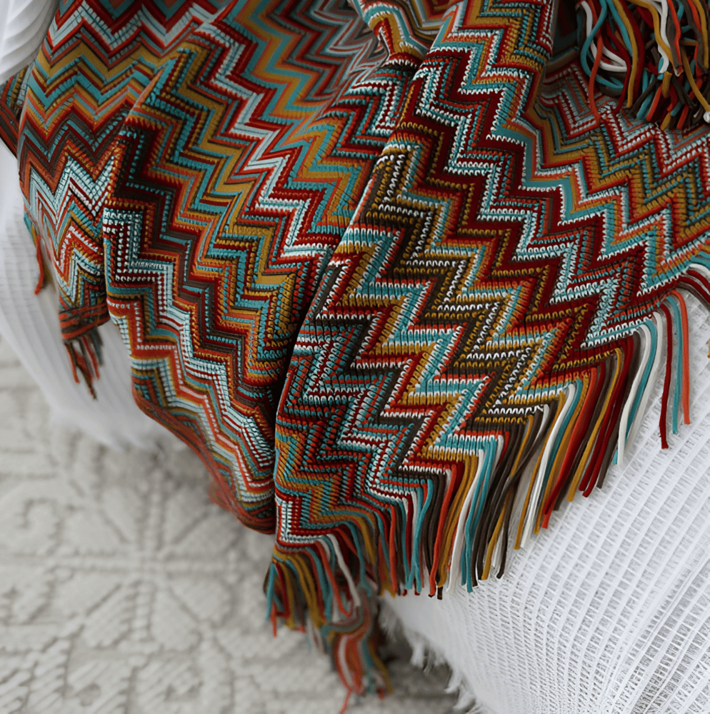 AcrylZag Plaid - Lätt Handstickad Boho-fleecefilt med Tofsdesign