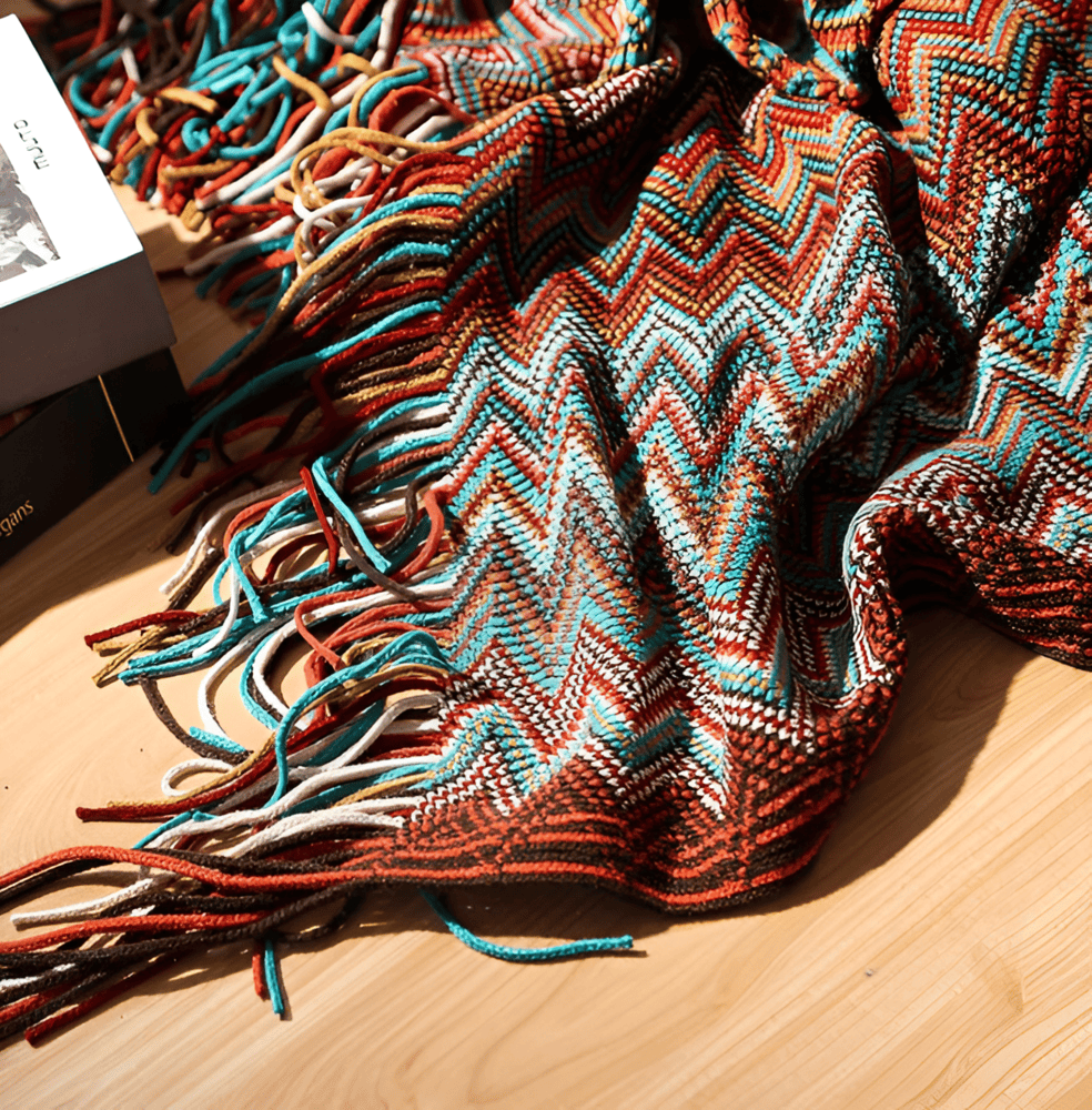 AcrylZag Plaid - Lätt Handstickad Boho-fleecefilt med Tofsdesign