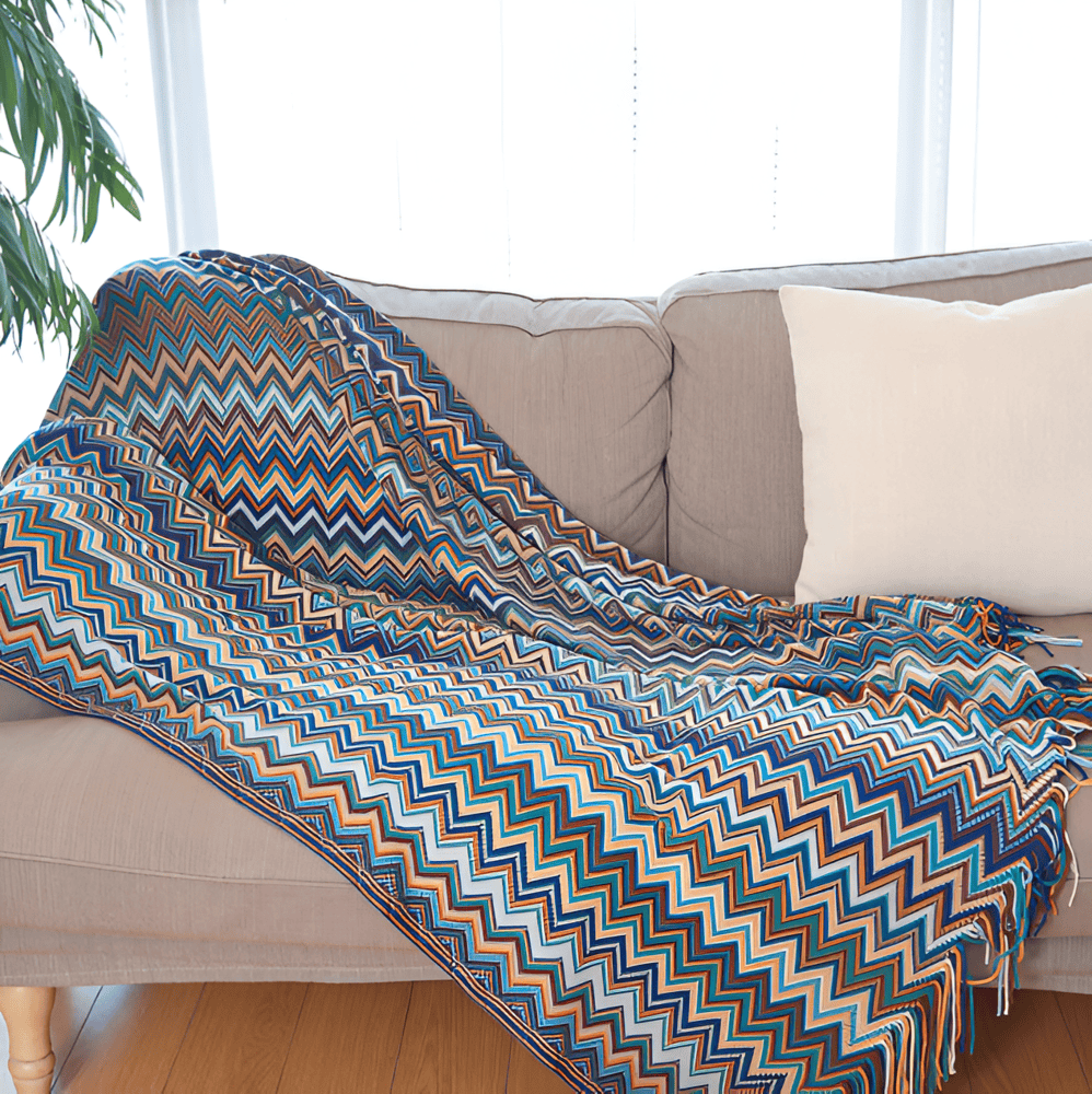 AcrylZag Plaid - Lätt Handstickad Boho-fleecefilt med Tofsdesign