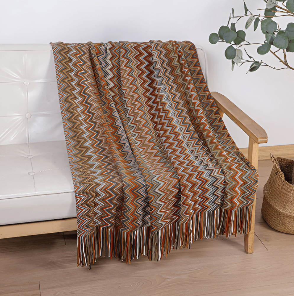 AcrylZag Plaid - Lätt Handstickad Boho-fleecefilt med Tofsdesign