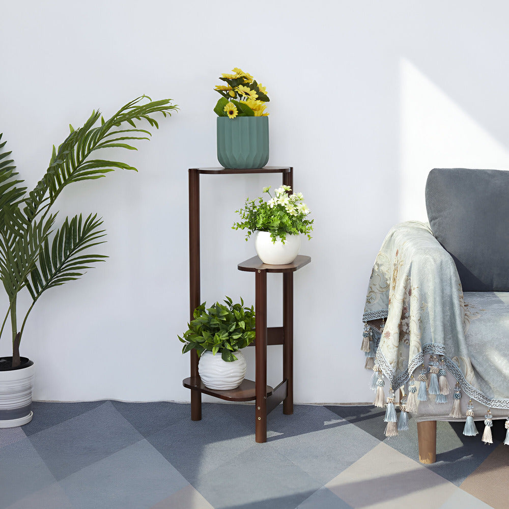 Elegant 3-stegs hörnväxtställ i bambu – vertikal blomkruka för vardagsrum, trädgård och terrass