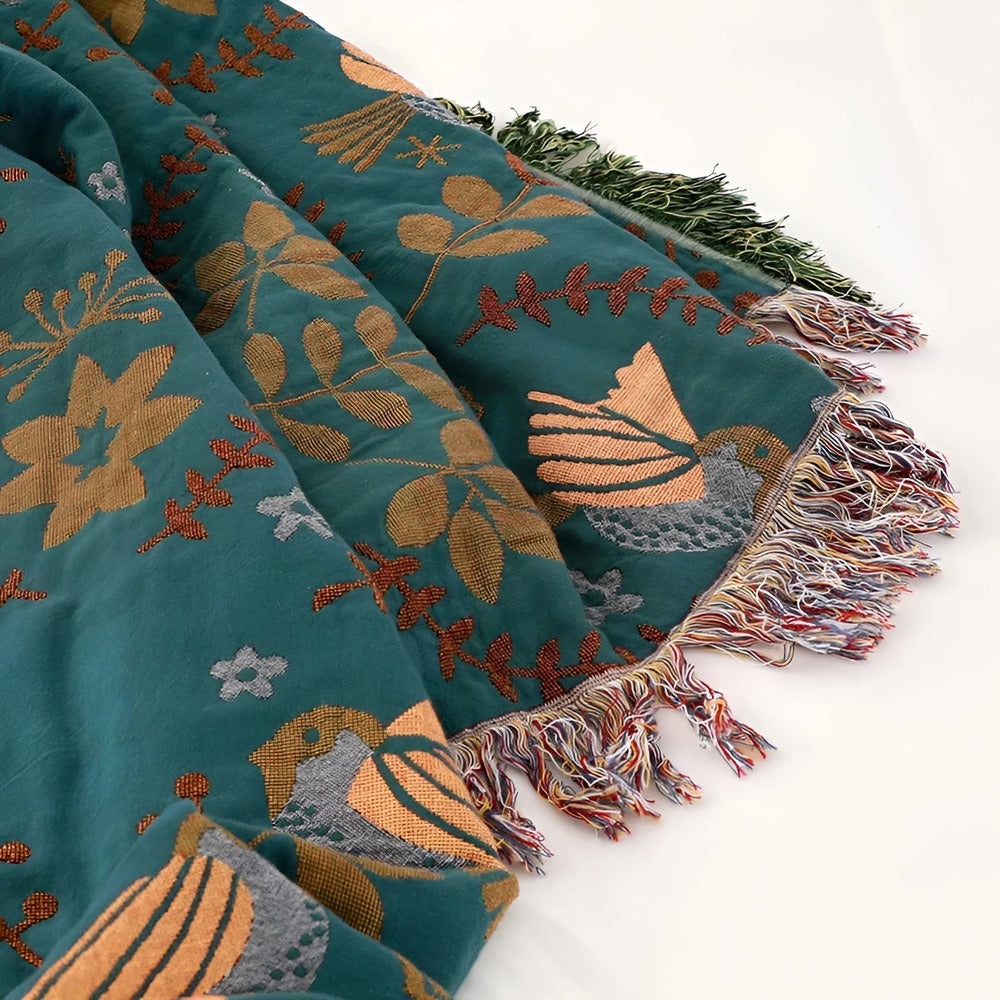 Bohofilt - Vändbar Broderad Bomullsfilt med Fåglar och Blommor