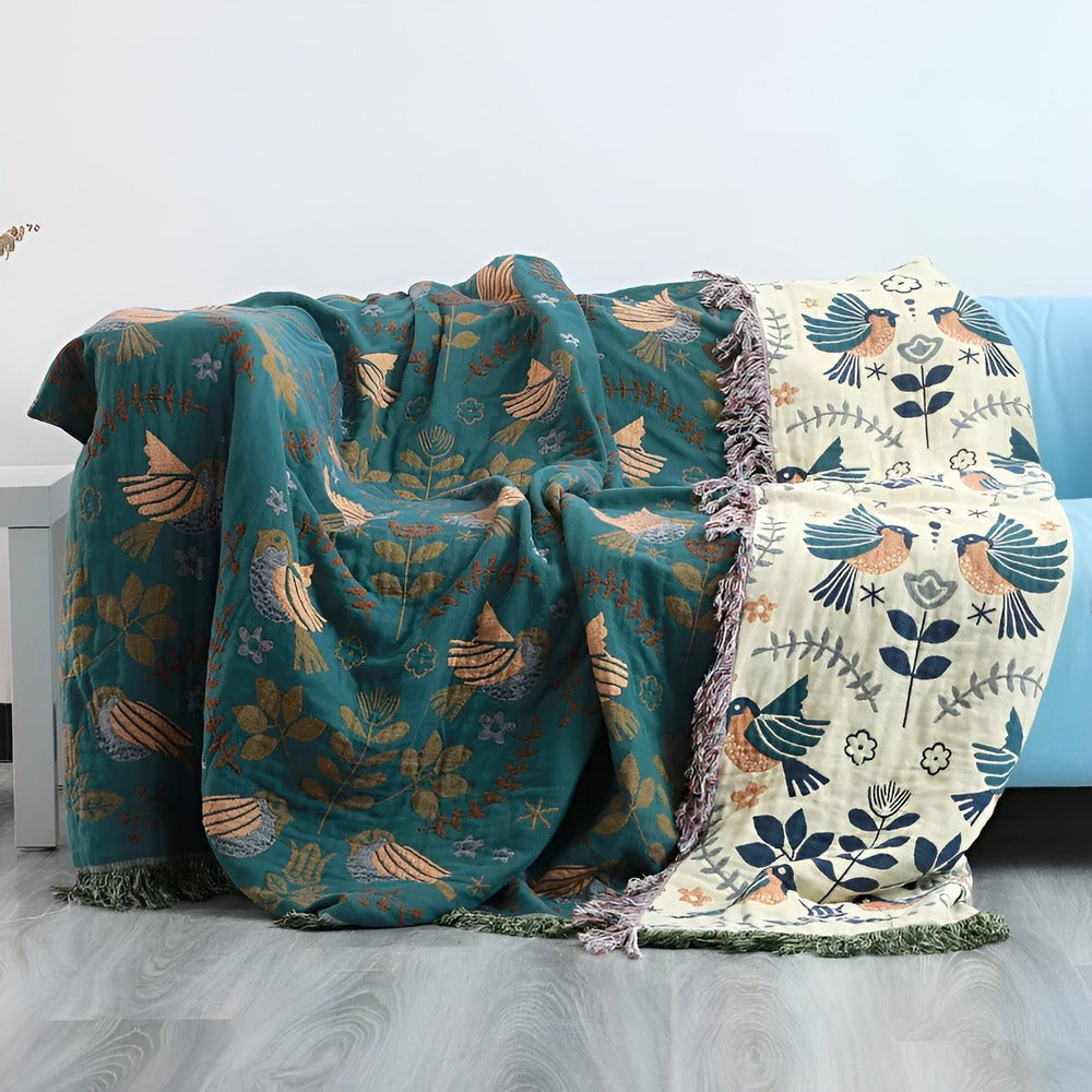 Bohofilt - Vändbar Broderad Bomullsfilt med Fåglar och Blommor