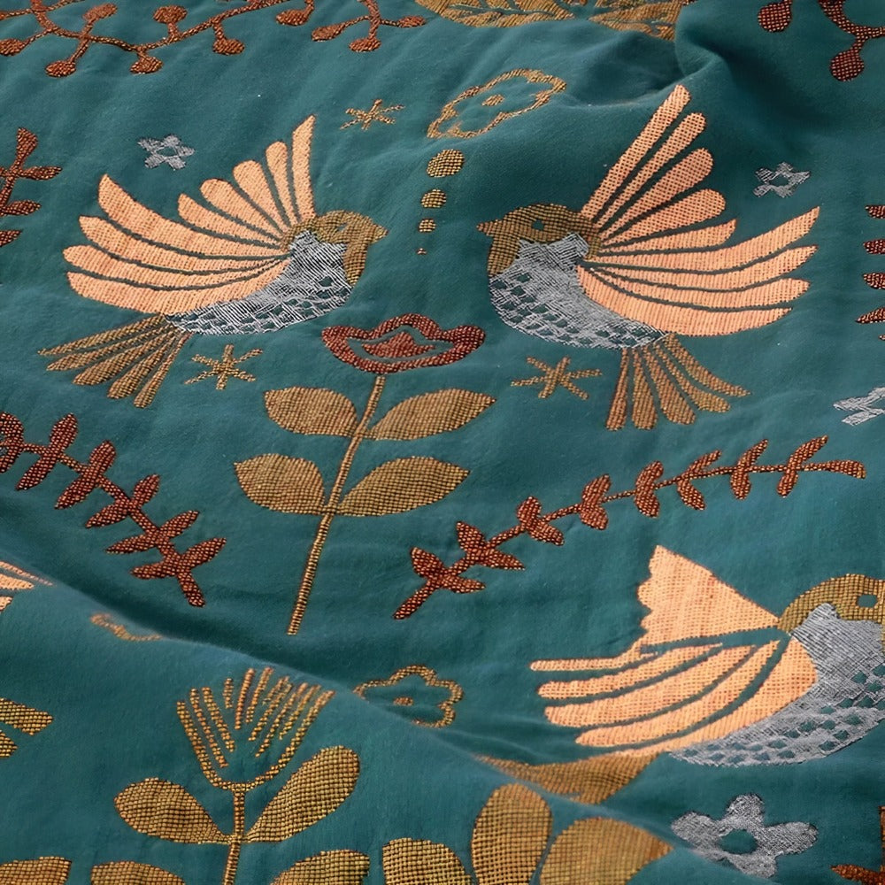 Bohofilt - Vändbar Broderad Bomullsfilt med Fåglar och Blommor