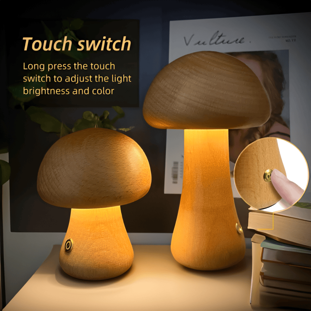 DreamyGlow - LED-Nattlampa Med Tryckknapp och Träsvamp