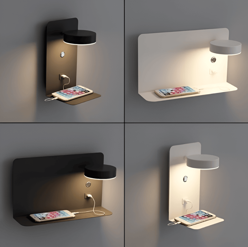 DualDelight - LED-Sängvägglampa i Aluminium med Hylla och USB-Laddningsinterface