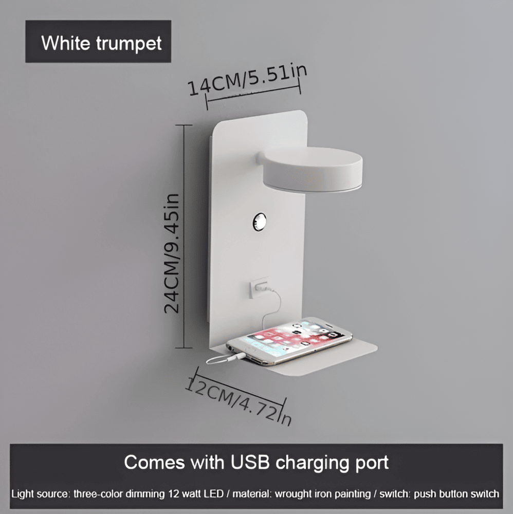 DualDelight - LED-Sängvägglampa i Aluminium med Hylla och USB-Laddningsinterface