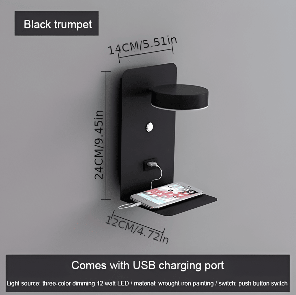 DualDelight - LED-Sängvägglampa i Aluminium med Hylla och USB-Laddningsinterface