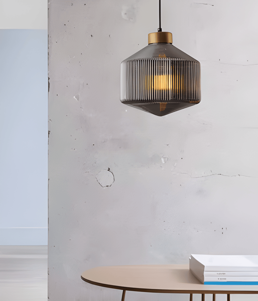 GeomGlass Taklampa - Vintage Rökgrå och Bärnstensfärgad Taklampa med Ribbor
