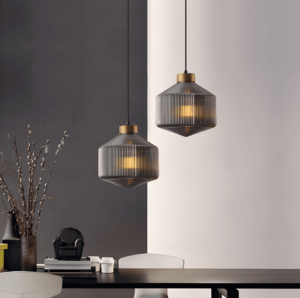 GeomGlass Taklampa - Vintage Rökgrå och Bärnstensfärgad Taklampa med Ribbor