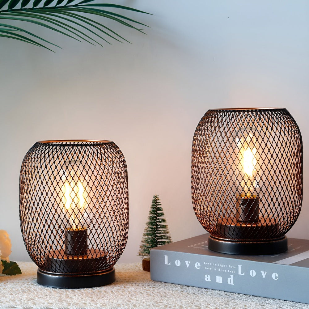 IronGlow - Bordslampa med Metallbur- Batteridriven LED-lykta (2-Pack)