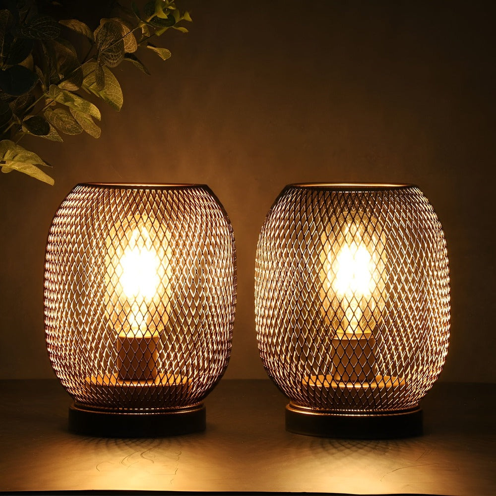 IronGlow - Bordslampa med Metallbur- Batteridriven LED-lykta (2-Pack)