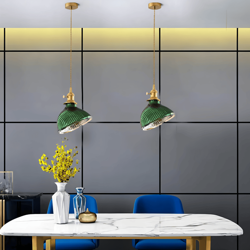 LuxurGreen - Pendellampa i Glas - Nordisk Räfflad Geometrisk Hänglampa