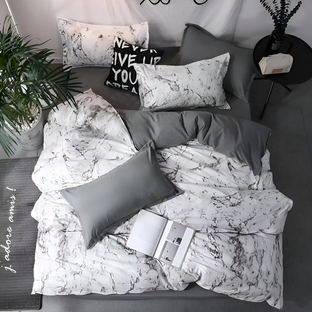 Elegant Svart Marmor 3-delat Sängklädes Set - Lyxig Sängöverkast Kollektion