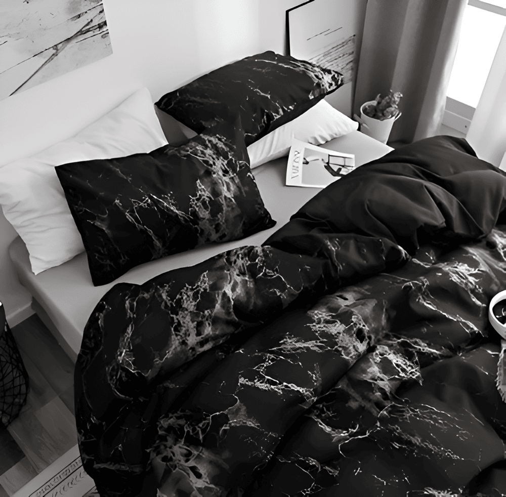 Elegant Svart Marmor 3-delat Sängklädes Set - Lyxig Sängöverkast Kollektion