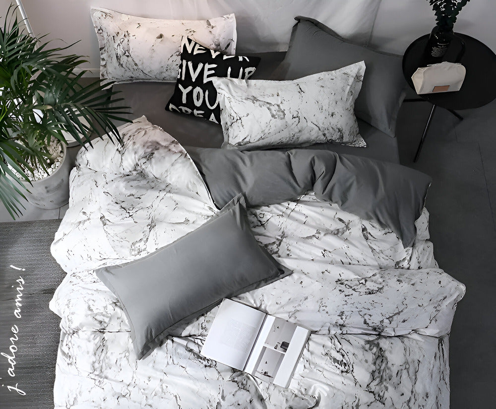 Elegant Svart Marmor 3-delat Sängklädes Set - Lyxig Sängöverkast Kollektion