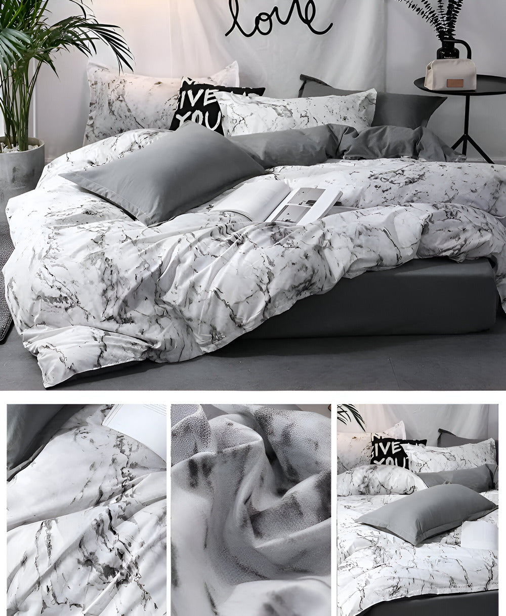 Elegant Svart Marmor 3-delat Sängklädes Set - Lyxig Sängöverkast Kollektion