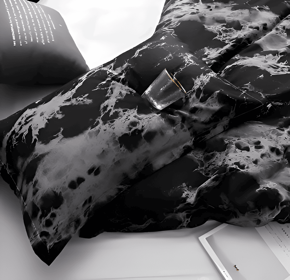Elegant Svart Marmor 3-delat Sängklädes Set - Lyxig Sängöverkast Kollektion
