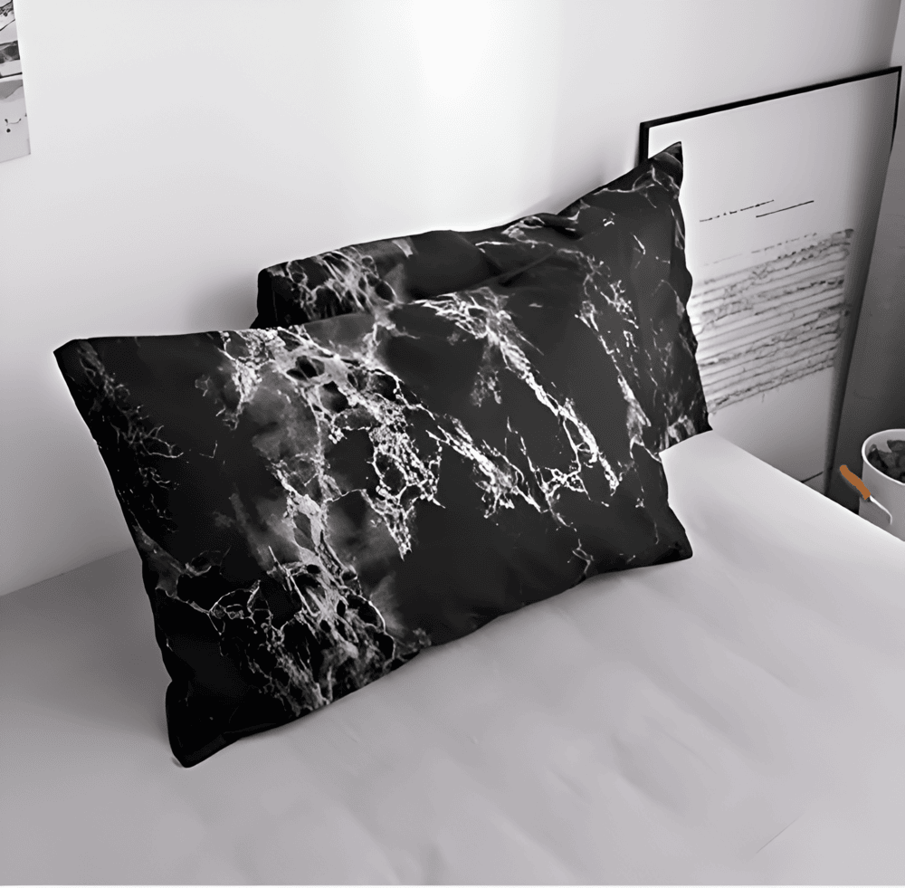 Elegant Svart Marmor 3-delat Sängklädes Set - Lyxig Sängöverkast Kollektion