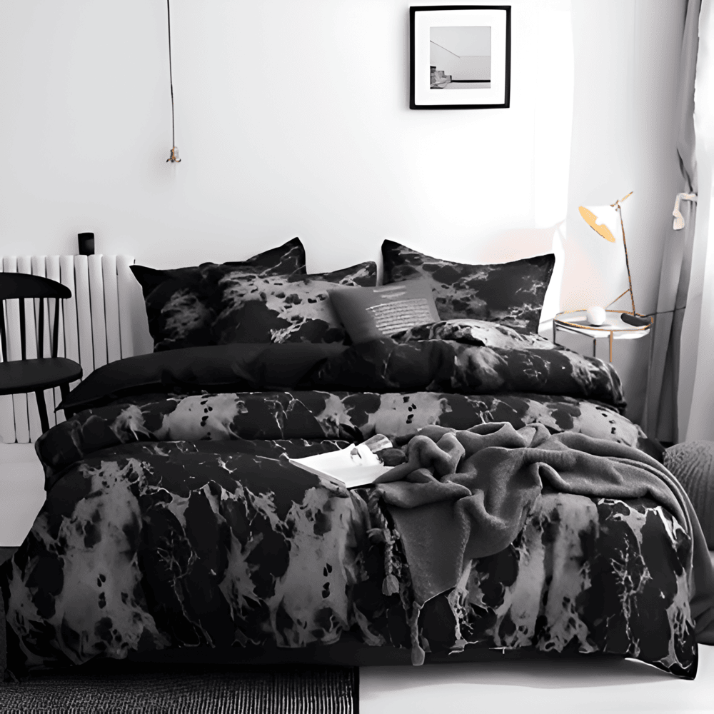 Elegant Svart Marmor 3-delat Sängklädes Set - Lyxig Sängöverkast Kollektion