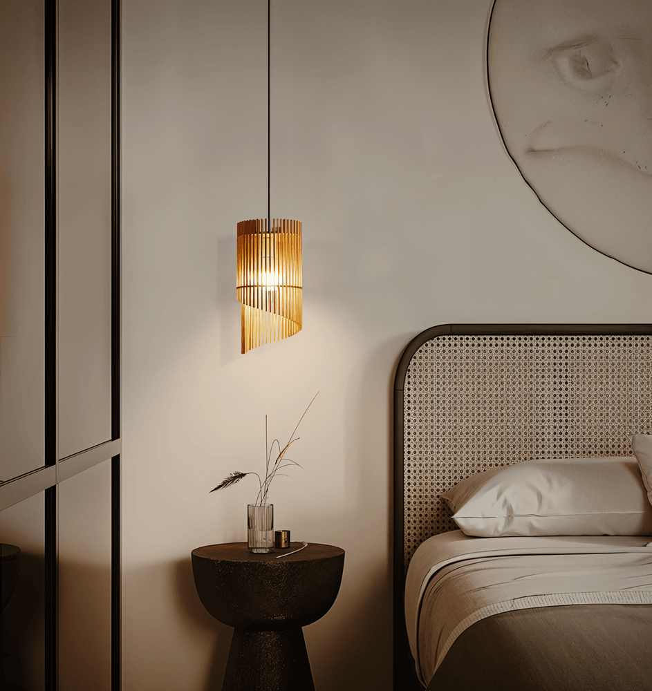 SpiraWood Taklampa - Konstnärlig Cylindrisk Lampa i Trä