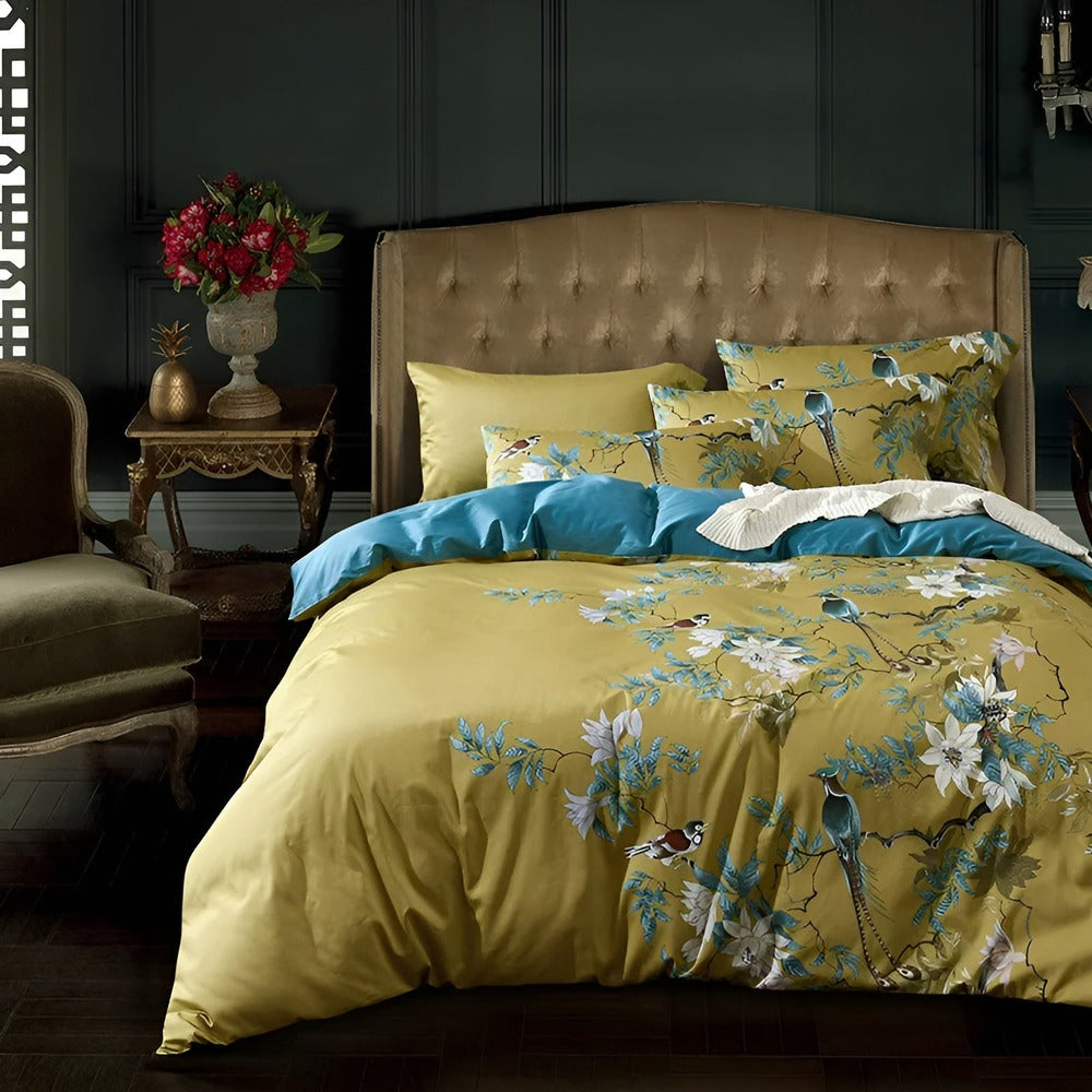 YellowSilk Påslakan - Blommigt Sängklädeset med Fågel - och Växtmotiv
