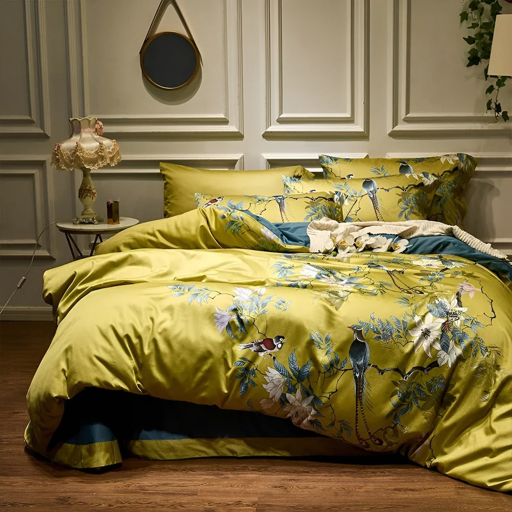 YellowSilk Påslakan - Blommigt Sängklädeset med Fågel - och Växtmotiv