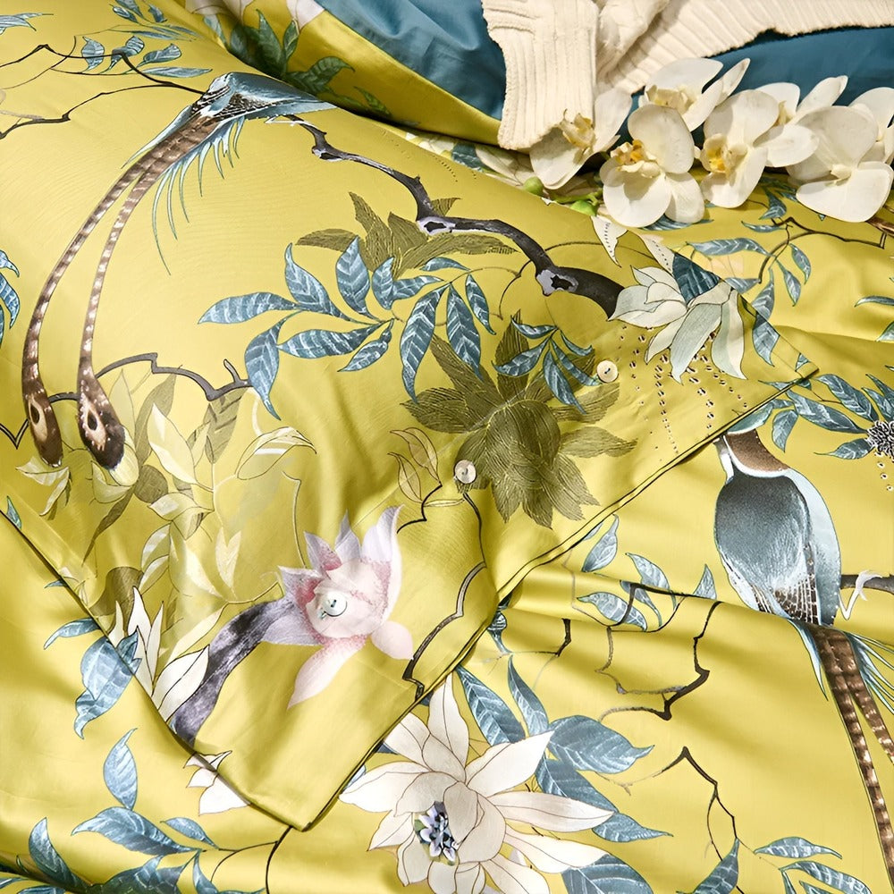 YellowSilk Påslakan - Blommigt Sängklädeset med Fågel - och Växtmotiv