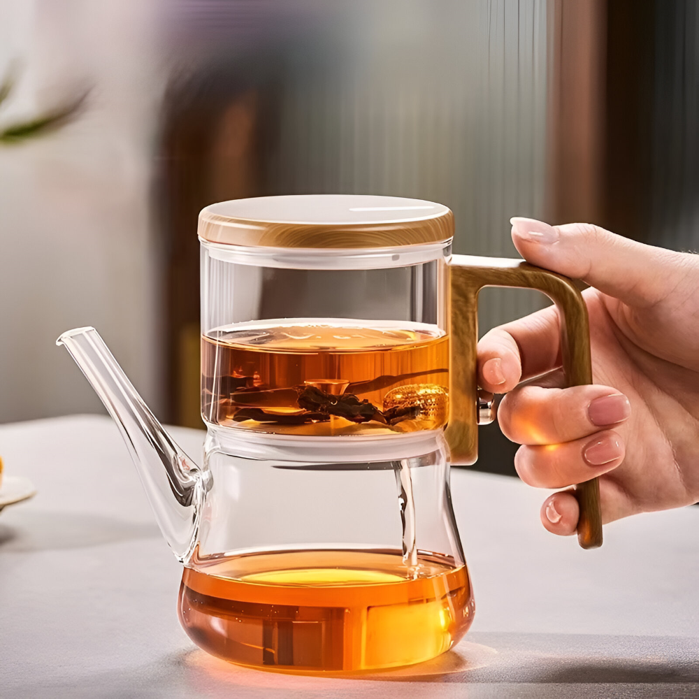 Premium Glastekanna 760 ml – Värmebeständigt Borosilikatglas med Magnetfilter och Träfinish