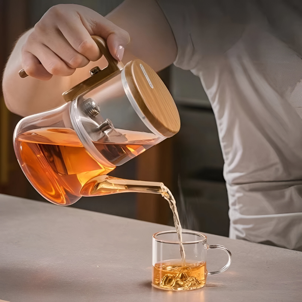 Premium Glastekanna 760 ml – Värmebeständigt Borosilikatglas med Magnetfilter och Träfinish