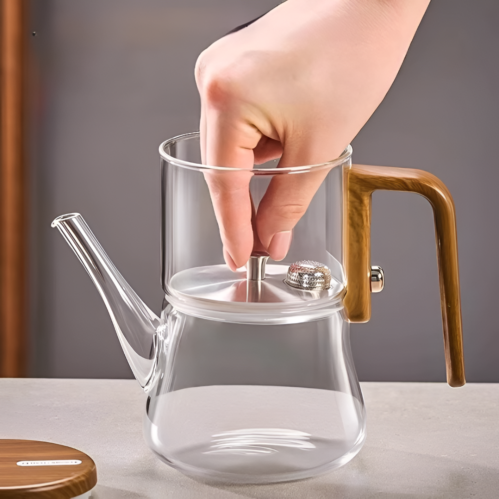 Premium Glastekanna 760 ml – Värmebeständigt Borosilikatglas med Magnetfilter och Träfinish