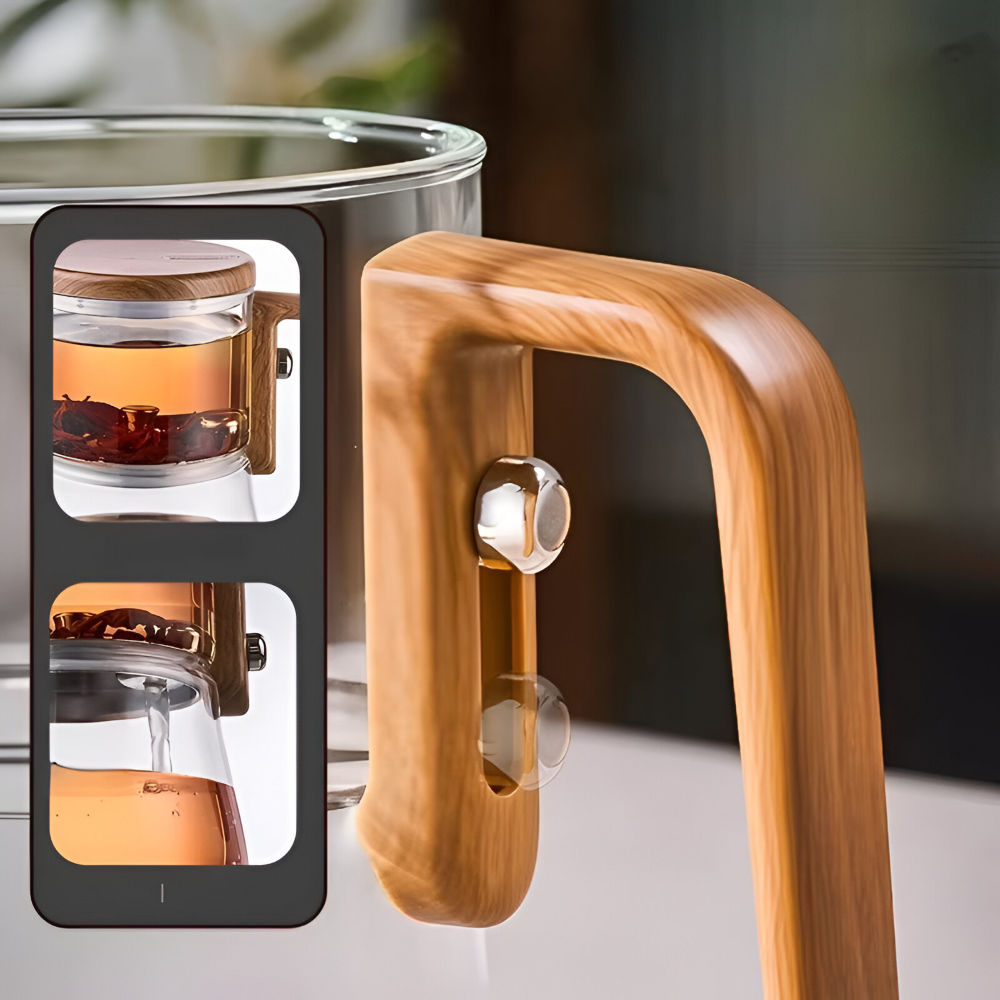 Premium Glastekanna 760 ml – Värmebeständigt Borosilikatglas med Magnetfilter och Träfinish