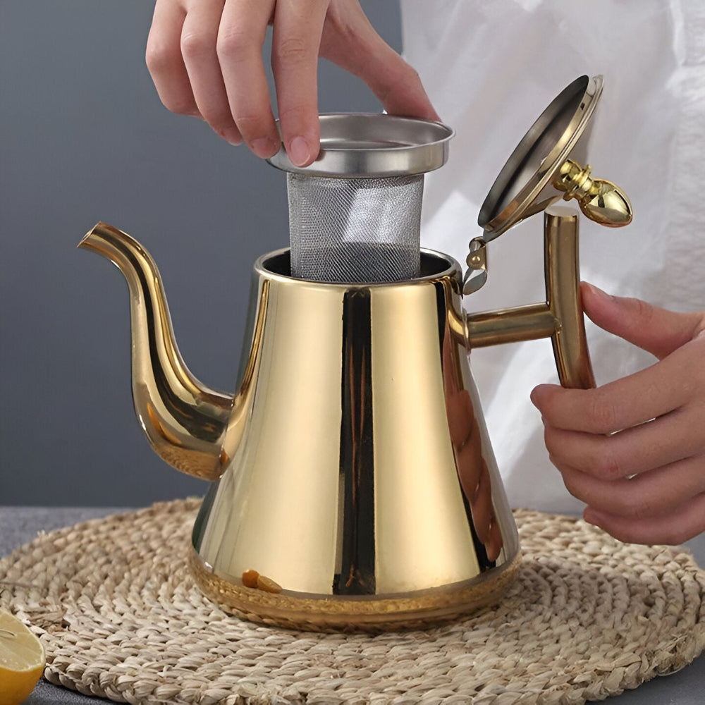 PurePour Teekanna - 1L / 1.5L Guld Teekanna - Rostfri Teekanna med Multifunktionsfilter