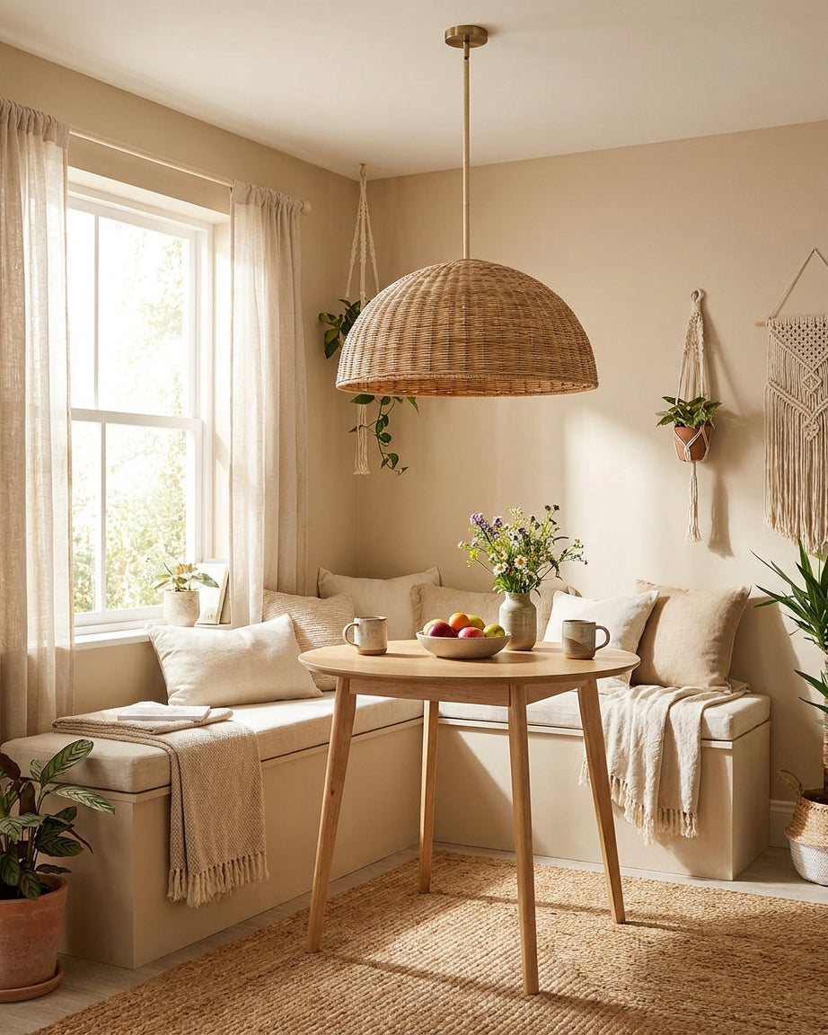 Taklampa i rotting med kupolformad design mot ljus bakgrund