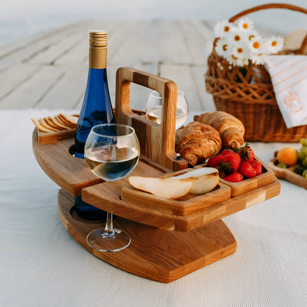 Avtagbart Picknickbord i Trä med Vinfack – Perfekt för Utomhusaktiviteter